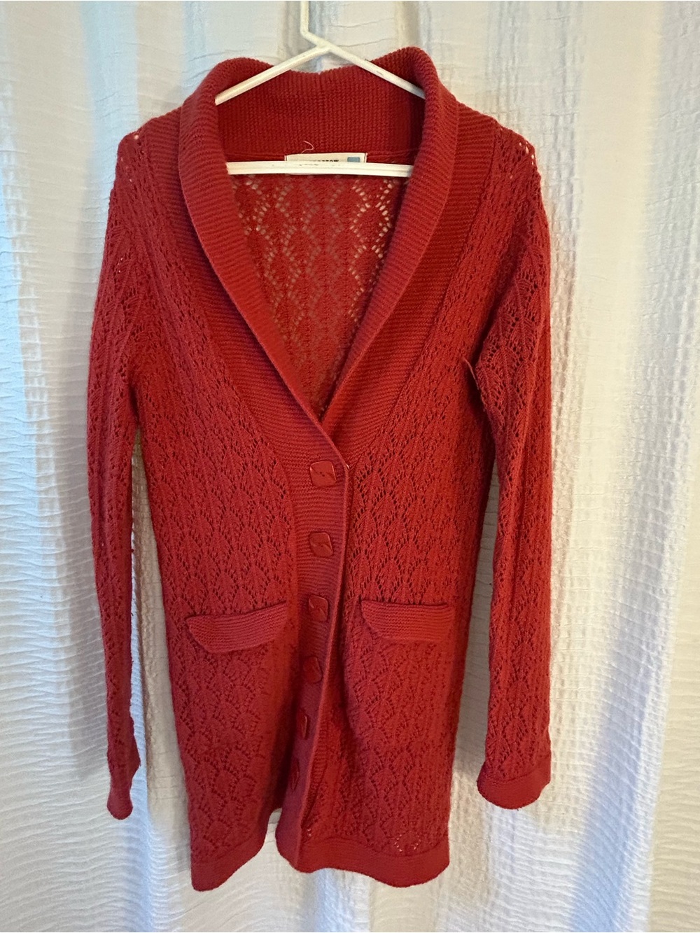sparrow Red Openwork Shawl-Collar Button Cardigan